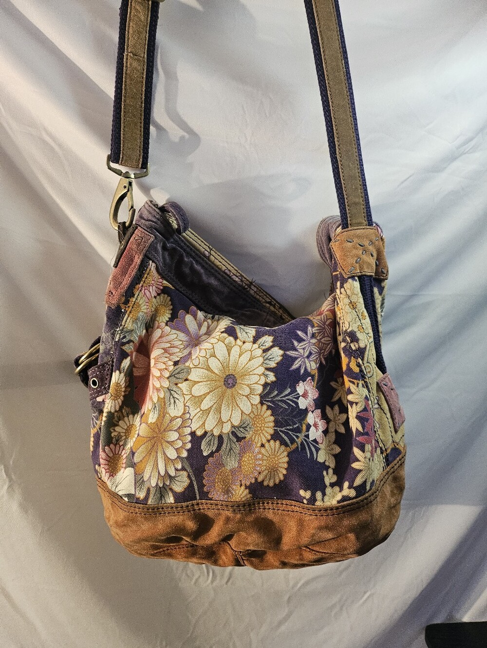 Vintage Lucky Brand Floral Canvas Suede Hobo Bag Purse Crossbody Shoulder Y2K
